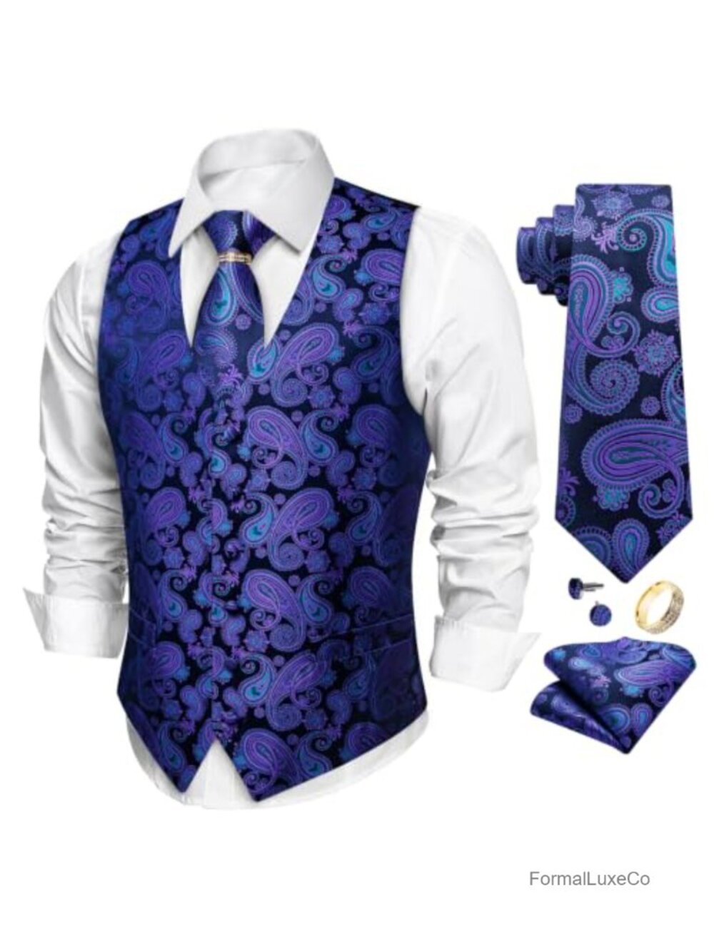 Mens 5-Piece Silk Vest and Tie Set with Tie Ring, Cufflinks